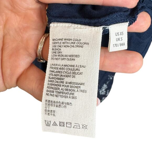 Free People Navy White Floral Long Sleeve Back Tie Blouson Bohemian Midi Dress - Picture 16 of 16